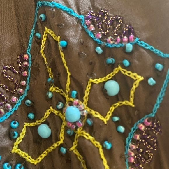 BCBG MAXAZRIA SILK” Tunic Embellished with Stones & Beads Brown Boho Chic Goth - Picture 10 of 14